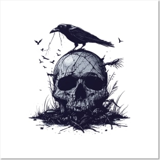 crow on skull Posters and Art